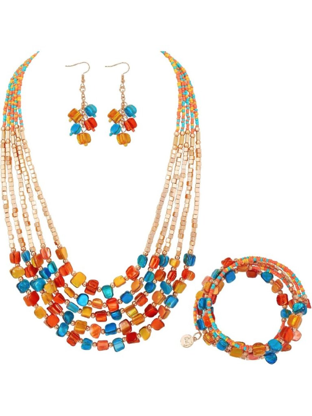 Bohemian Layered Beaded Necklace & Earrings Set - Irregular Seed Bead Jewelry